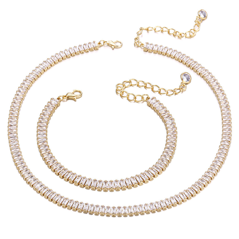 Golden Rhinestone Clavicle Chain Short Necklace Row Diamond Full Rhinestone Crystal Bracelet Set