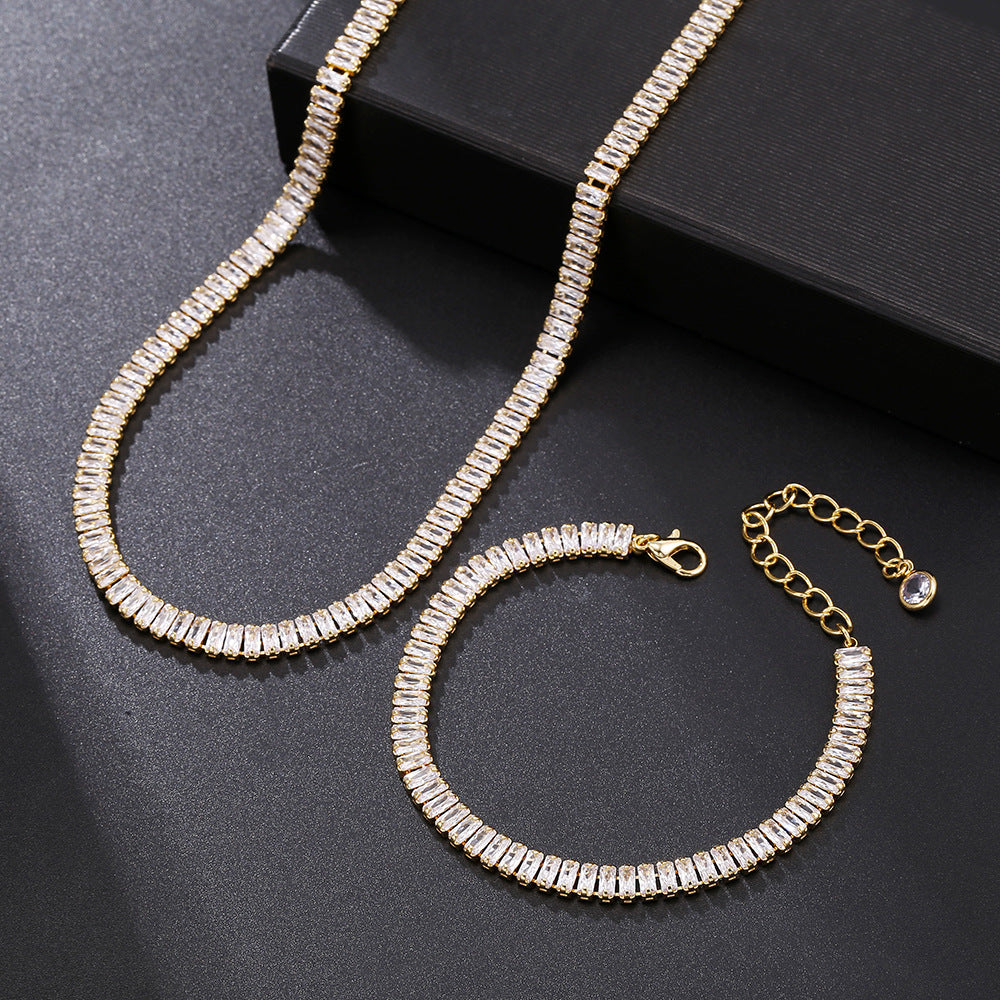 Golden Rhinestone Clavicle Chain Short Necklace Row Diamond Full Rhinestone Crystal Bracelet Set
